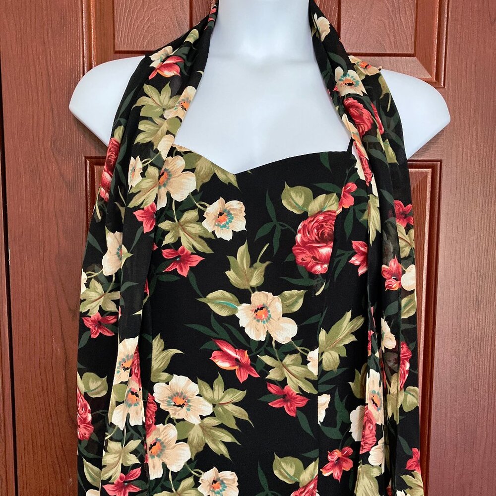 Spaghetti strap vintage 1990s black with floral print dress matching scarf